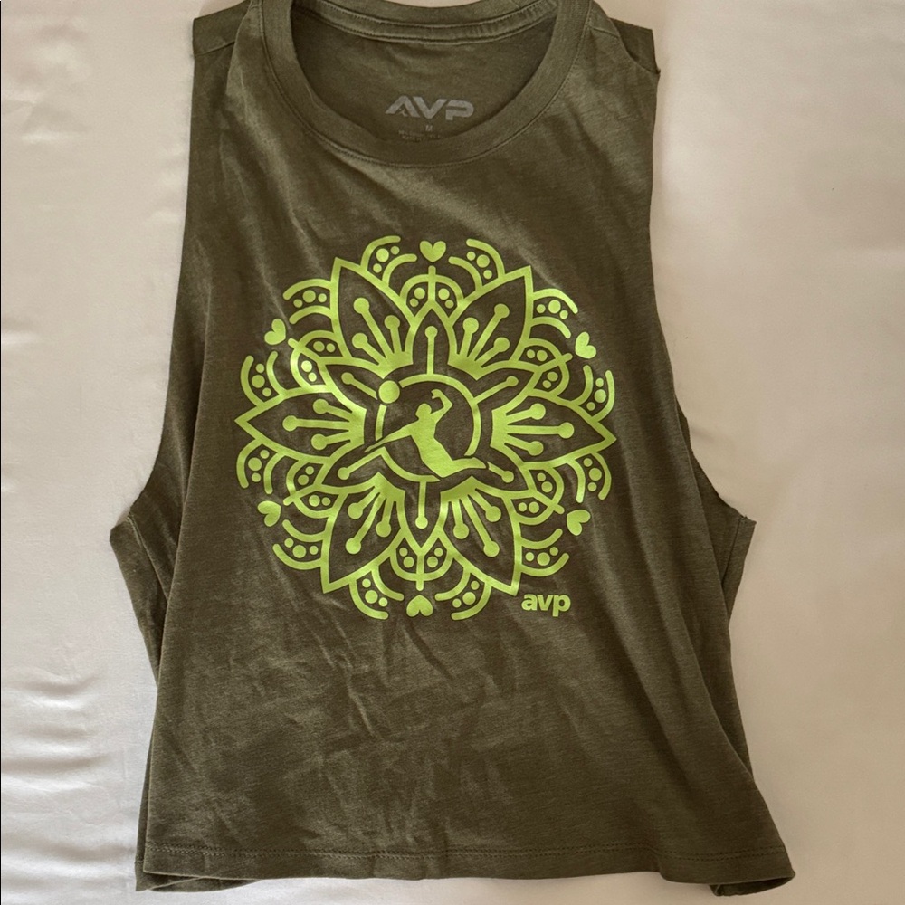 AVP Olive Green Graphic Muscle Tank with Neon Green Mandala